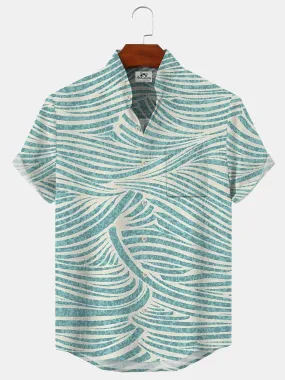 Alohadaddy Geometric Stripes Button Pocket Casual Short Sleeve Stand Collar Shirt