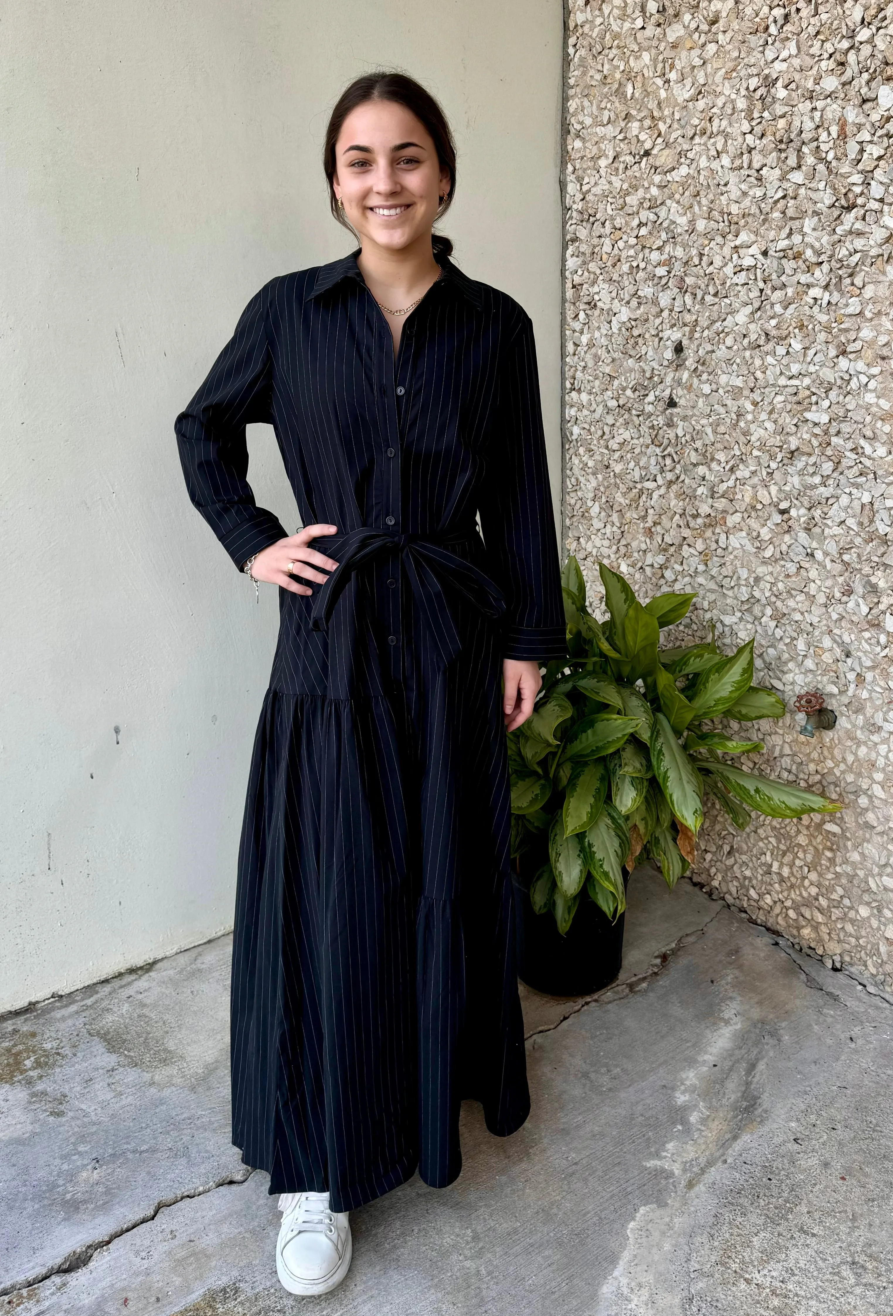 Apparel- Adrienne Collar Midi Shirt Dress With Belt