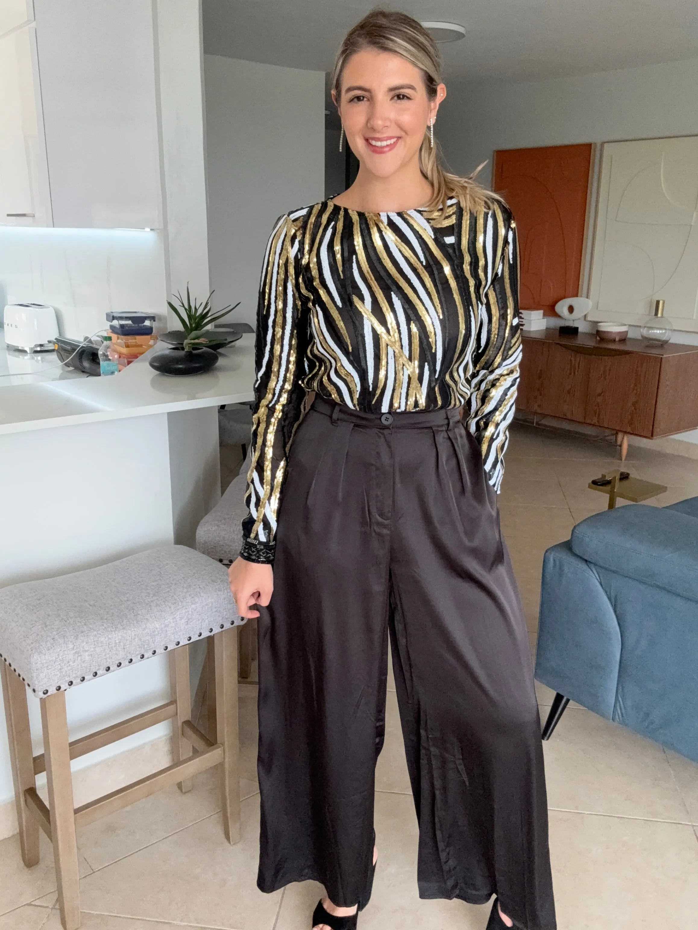 BLACK SATIN HIGH WAISTED PANTS