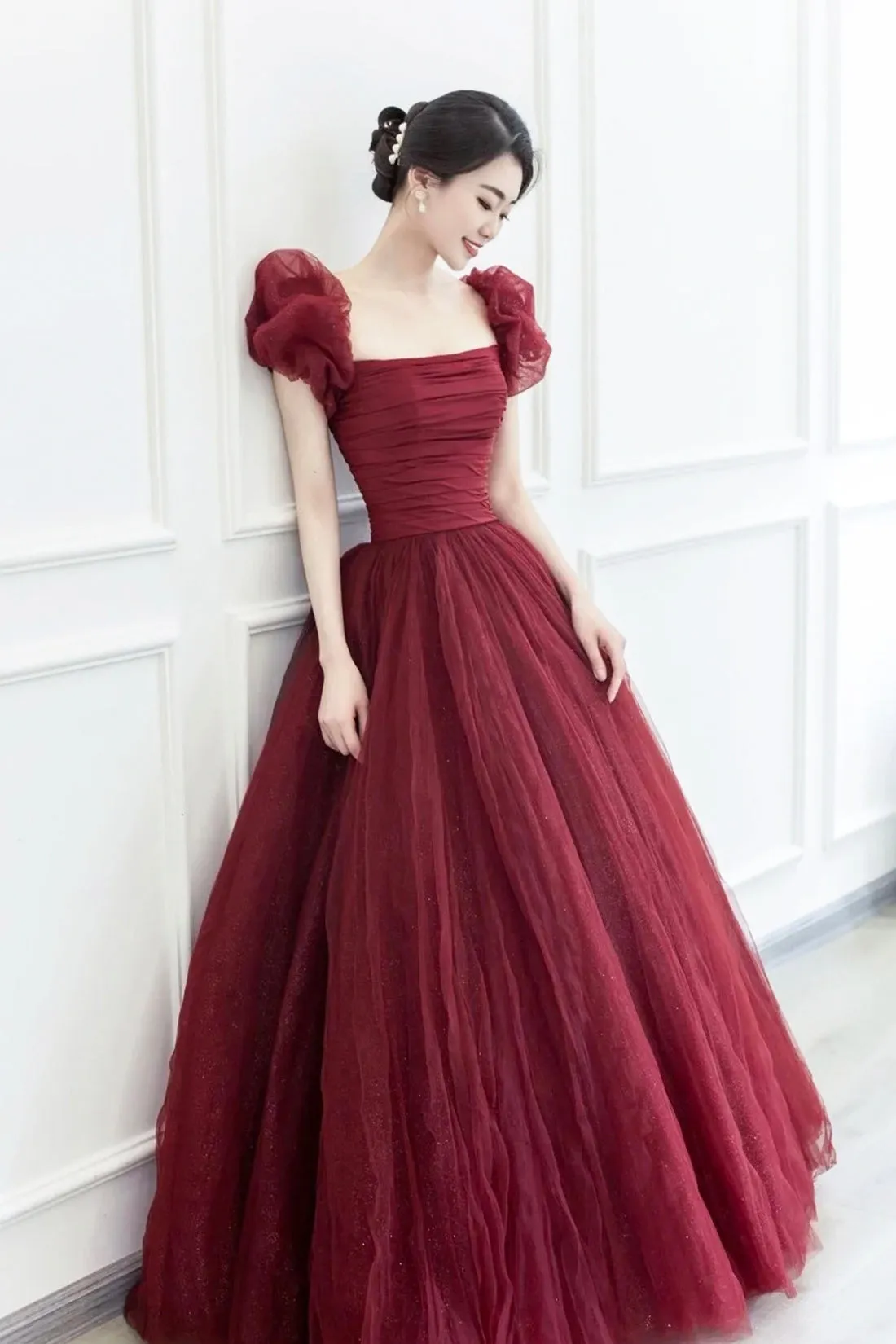 Burgundy Tulle Long A-Line Prom Dress, Beautiful Evening Graduation Dress