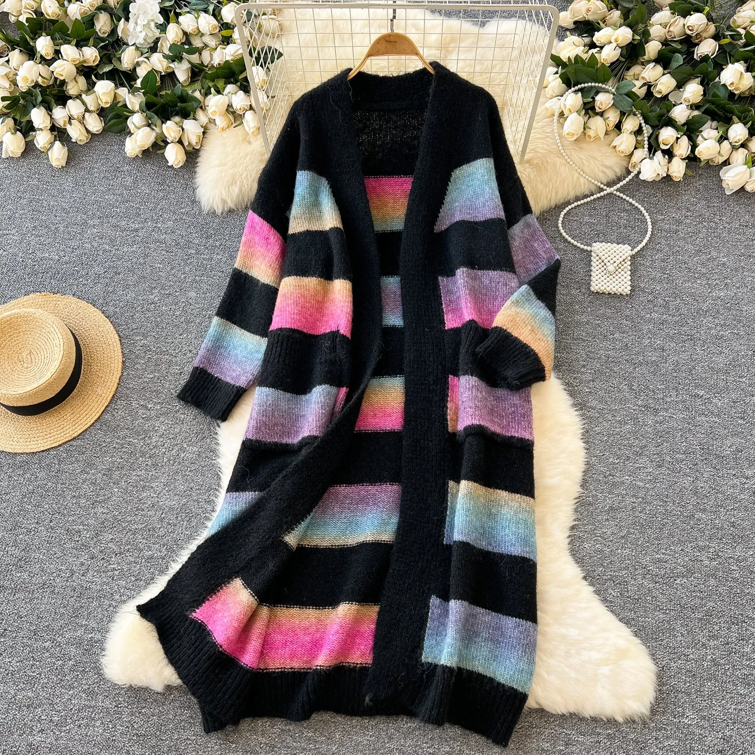 Color Blocking Stripe Loose-fit Cardigan