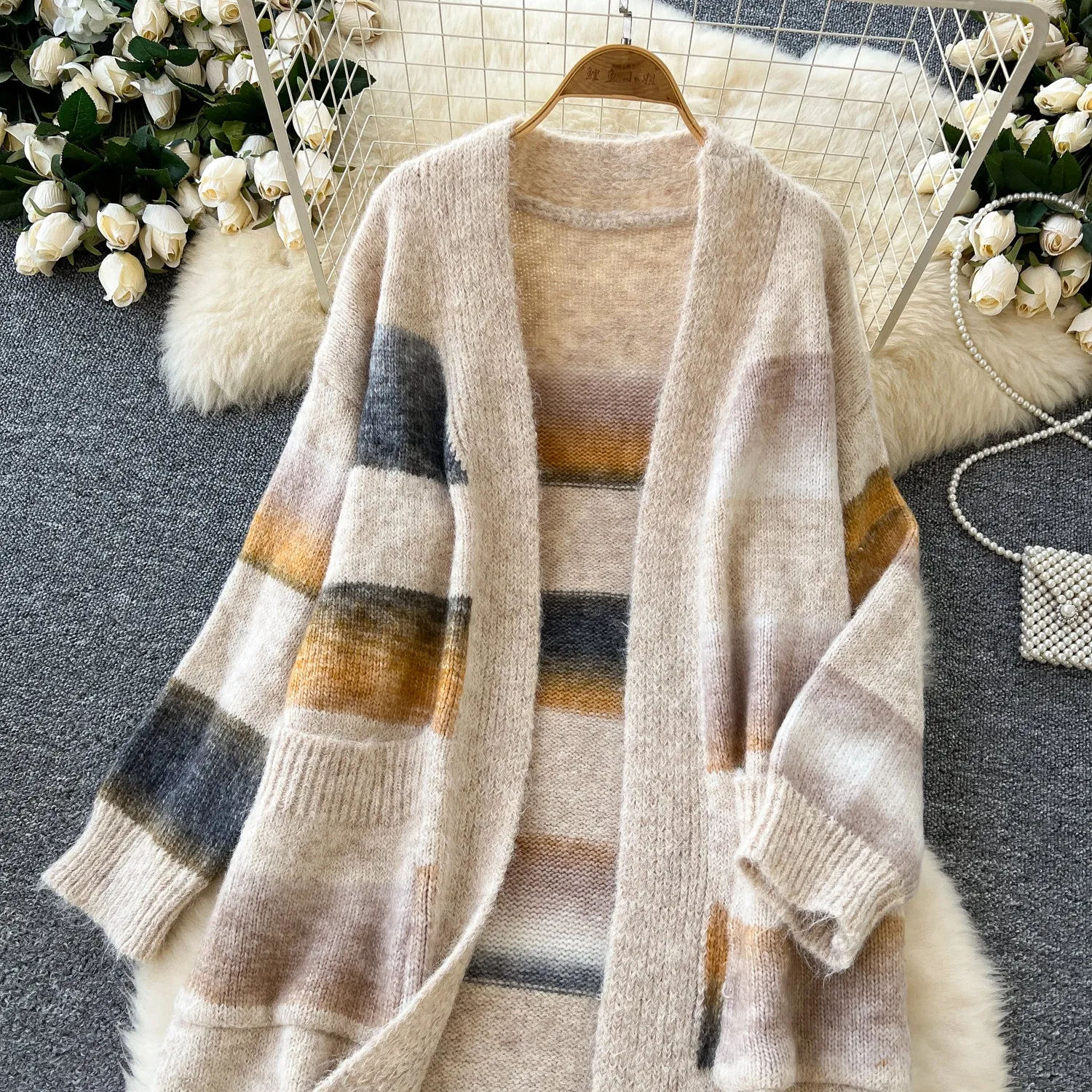 Color Blocking Stripe Loose-fit Cardigan