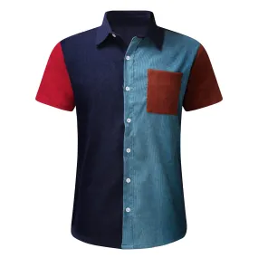 Corduroy Stitching Lapel Pocket Short Sleeves