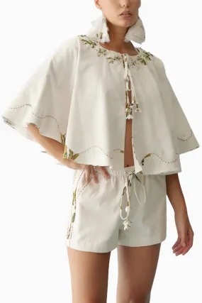Cream Fabric Ribbon Embroidered Flower Reversible Cape