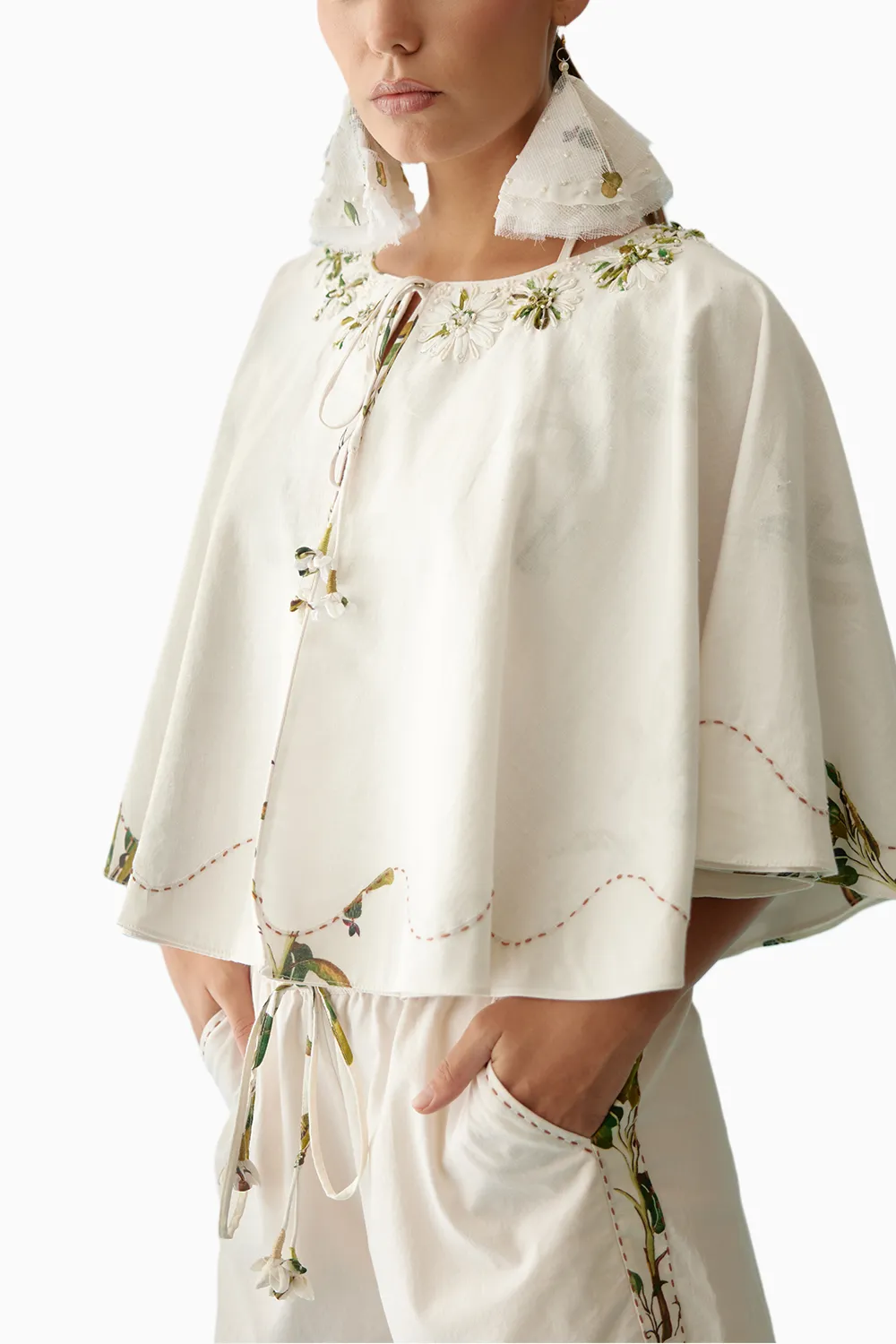 Cream Fabric Ribbon Embroidered Flower Reversible Cape