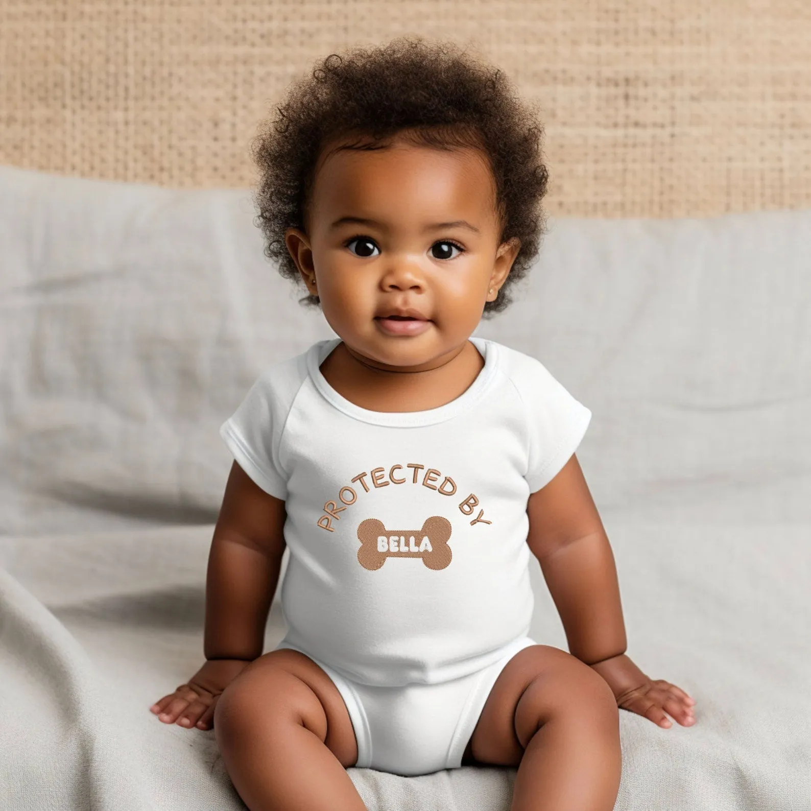 Custom EMBROIDERED Baby BodySuit with Dog's Name, Protected By, Baby Shower Gift, Pregnancy Announcement, Baby and Dog, Gift Newborn