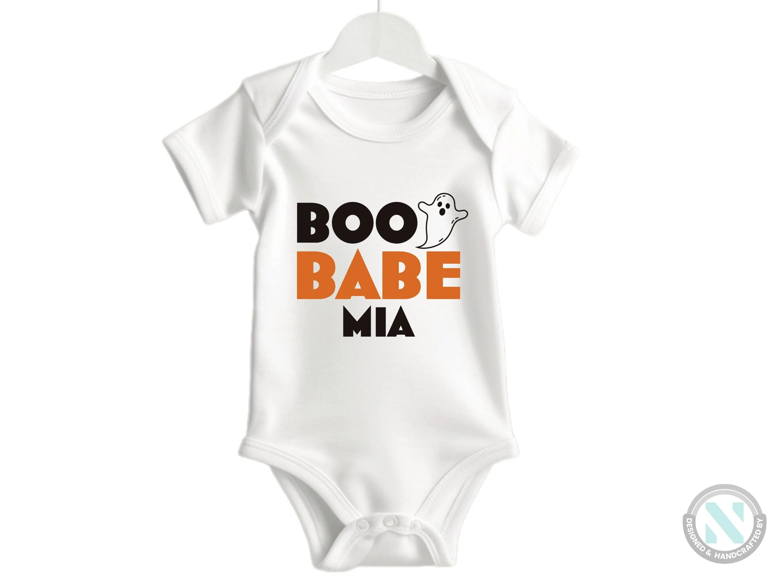 Custom Name Short Sleeve Halloween Baby Grow for Girls with "Boo Babe"