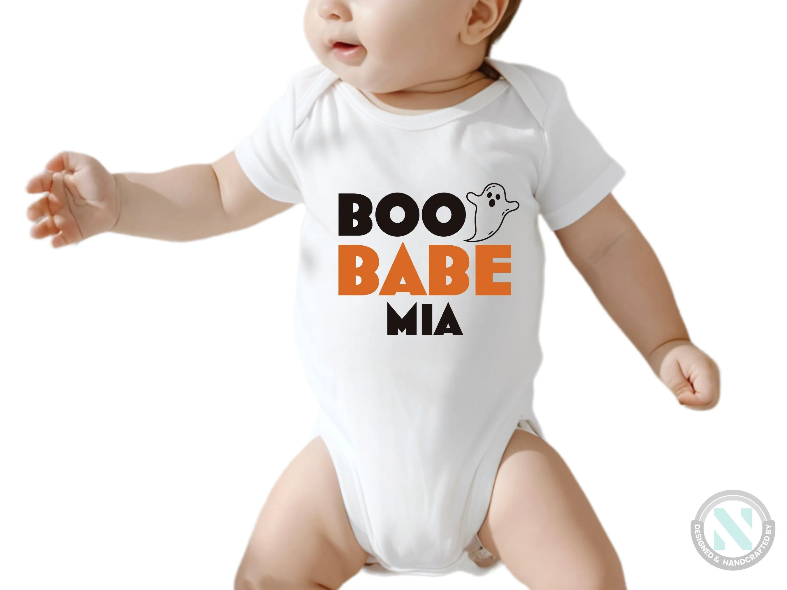Custom Name Short Sleeve Halloween Baby Grow for Girls with "Boo Babe"