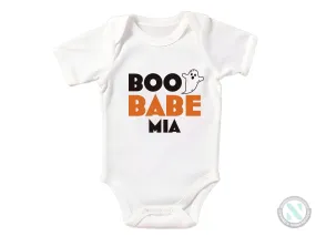 Custom Name Short Sleeve Halloween Baby Grow for Girls with "Boo Babe"