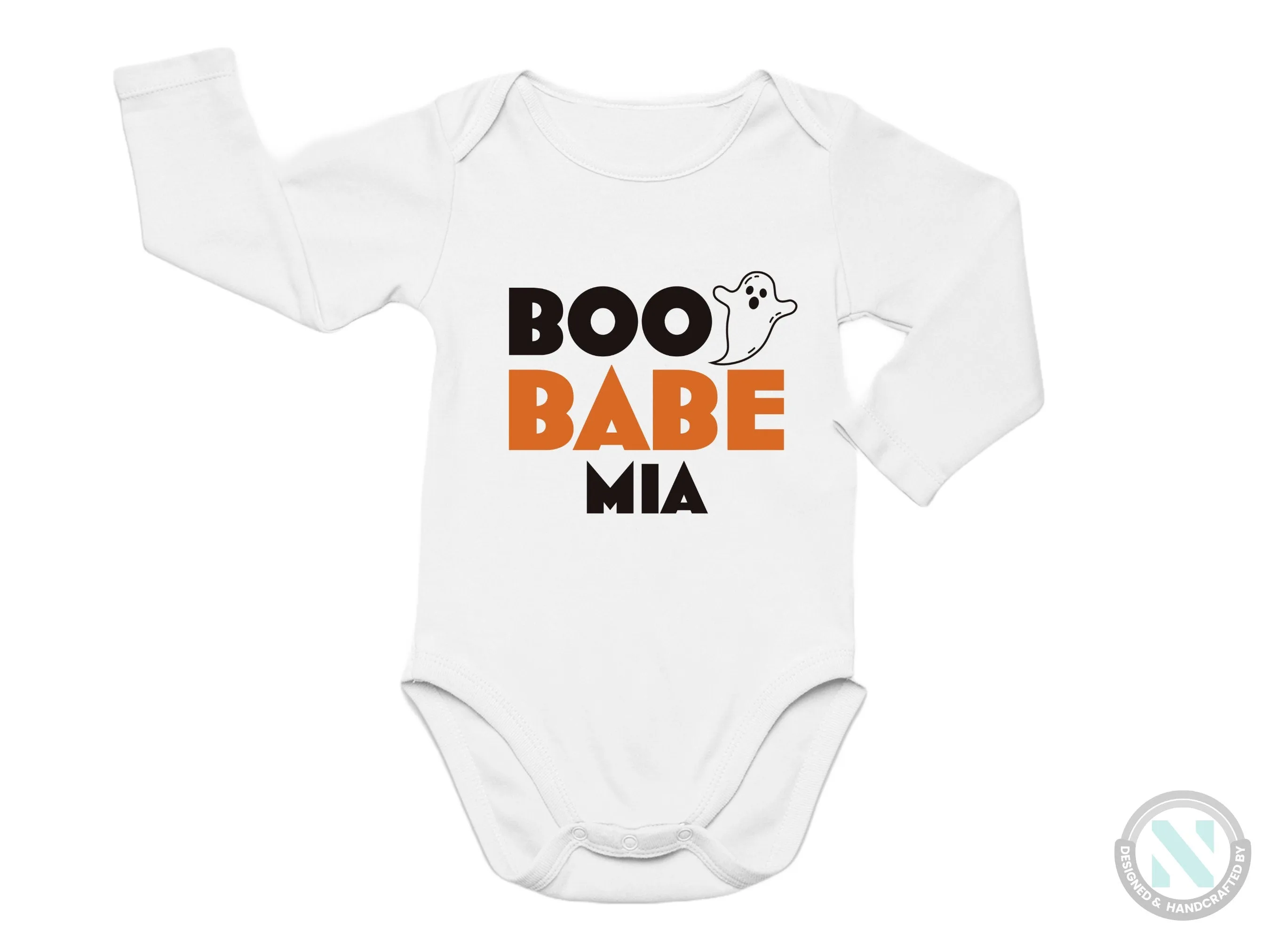 Custom Name Short Sleeve Halloween Baby Grow for Girls with "Boo Babe"
