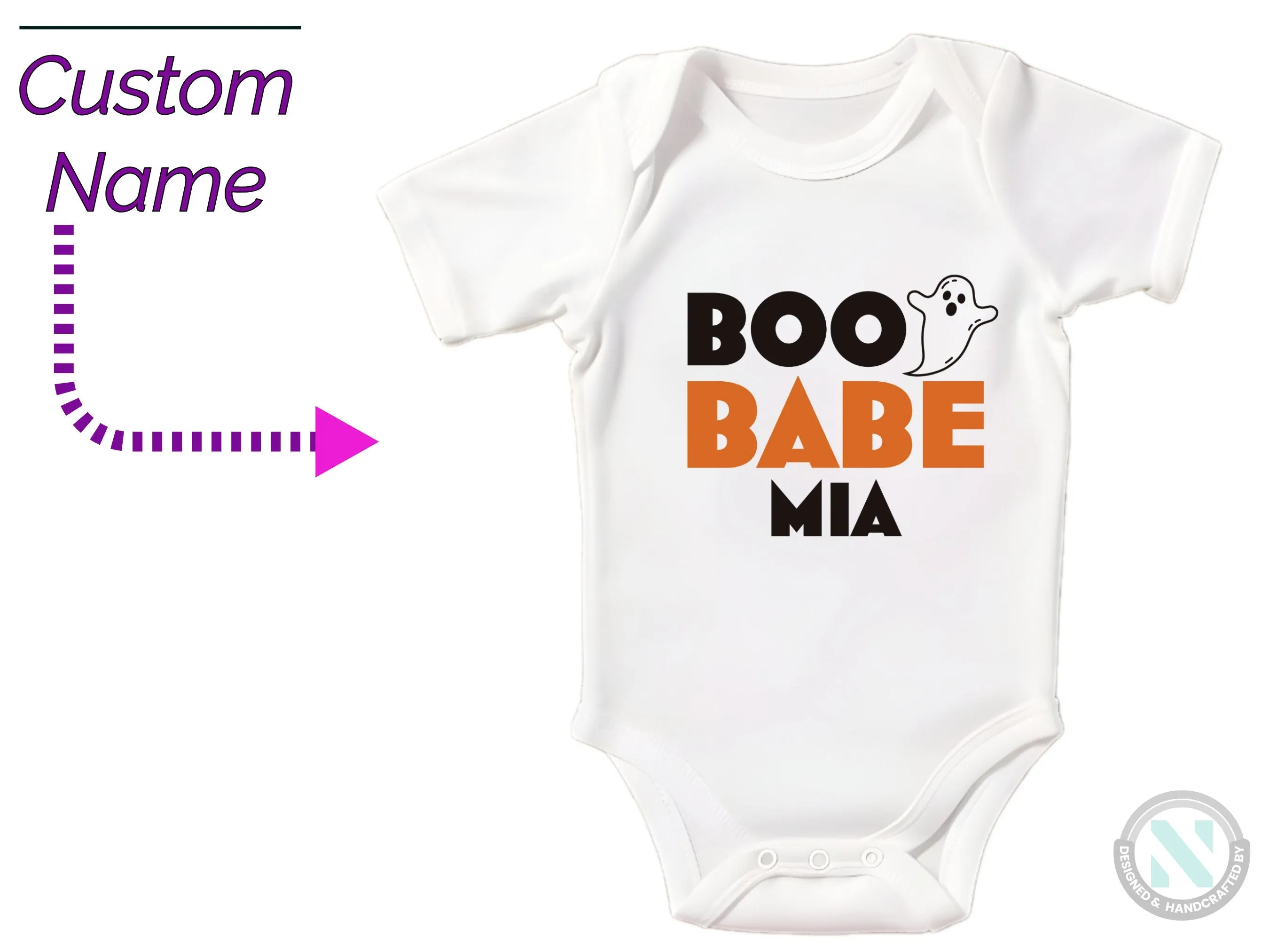Custom Name Short Sleeve Halloween Baby Grow for Girls with "Boo Babe"
