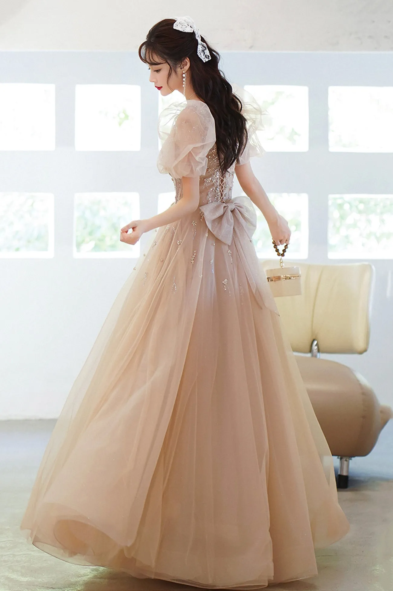 Cute Tulle Beaded Long Prom Dress, A-Line Short Sleeve Evening Dress with Bow