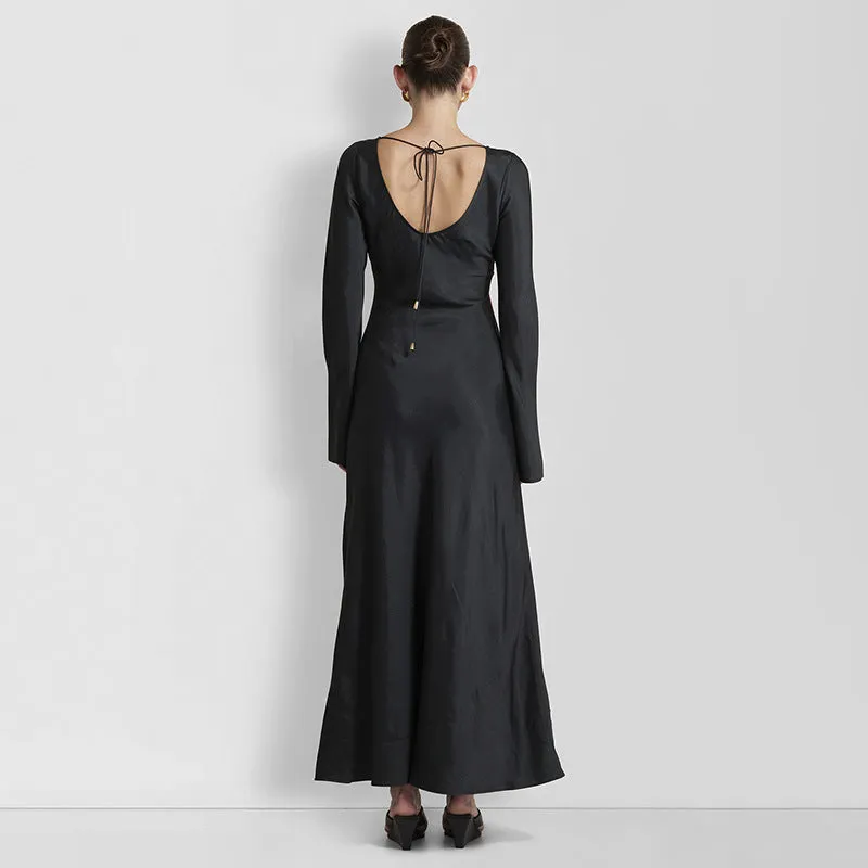 Elegant Round Neck Long Sleeve Back Cutout Print Dress