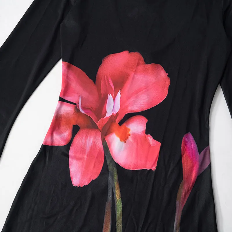 Elegant Round Neck Long Sleeve Back Cutout Print Dress