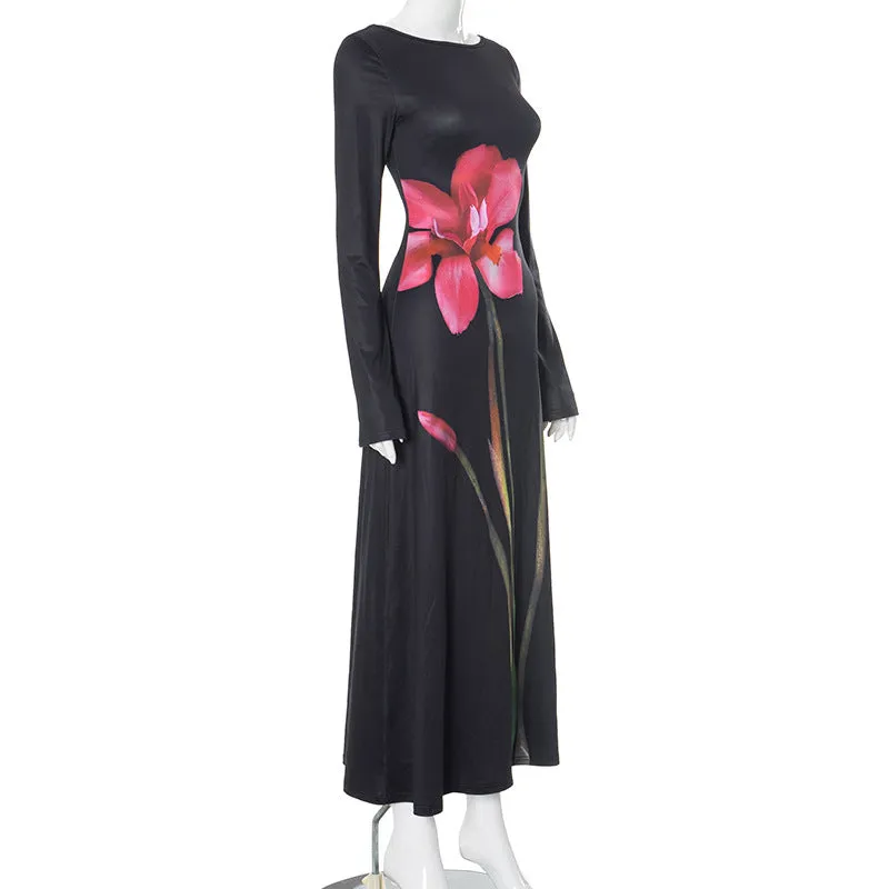 Elegant Round Neck Long Sleeve Back Cutout Print Dress