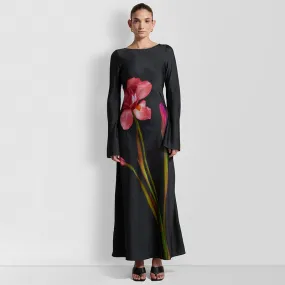 Elegant Round Neck Long Sleeve Back Cutout Print Dress