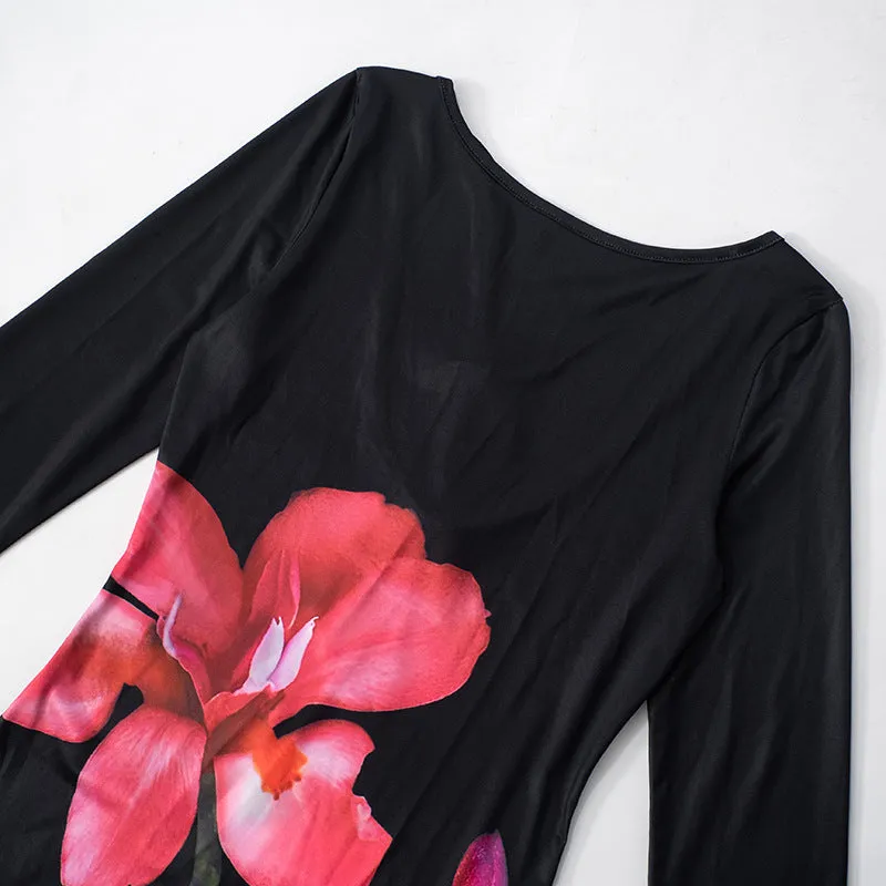 Elegant Round Neck Long Sleeve Back Cutout Print Dress