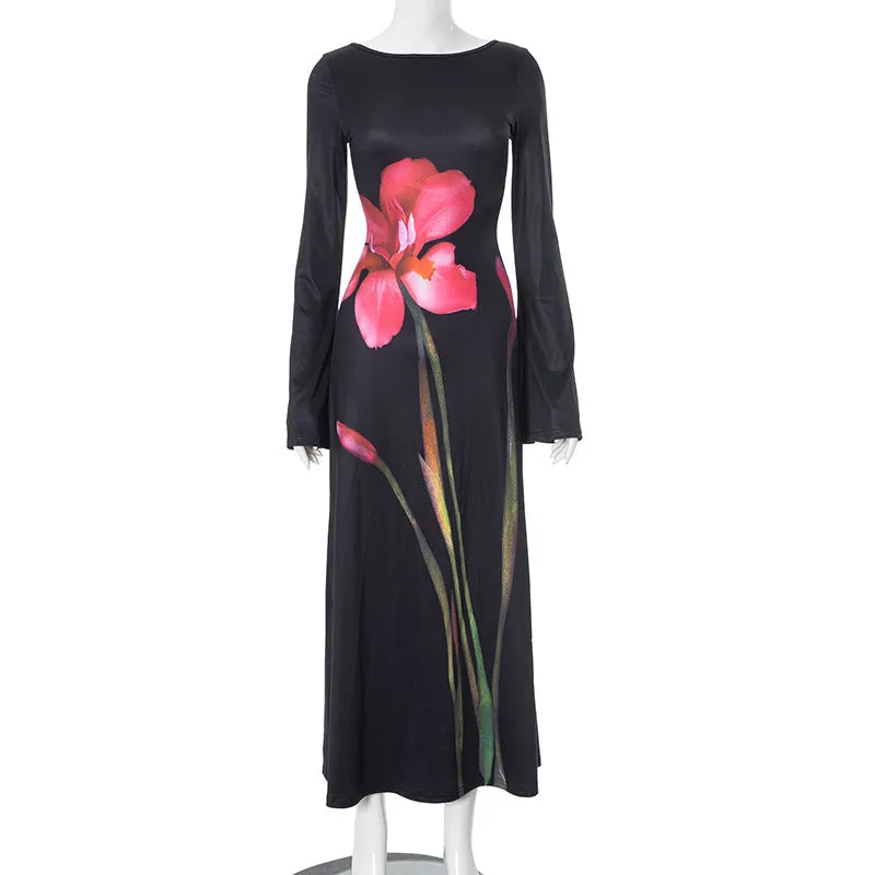 Elegant Round Neck Long Sleeve Back Cutout Print Dress