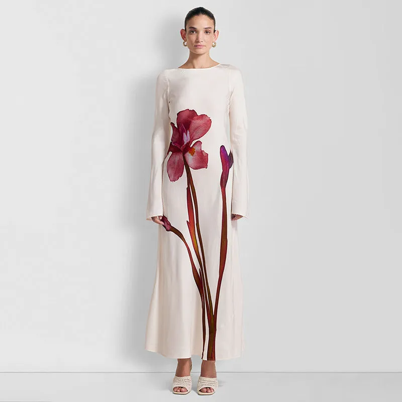 Elegant Round Neck Long Sleeve Back Cutout Print Dress