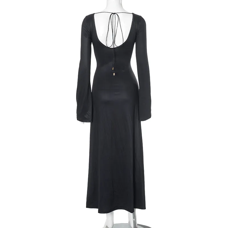 Elegant Round Neck Long Sleeve Back Cutout Print Dress