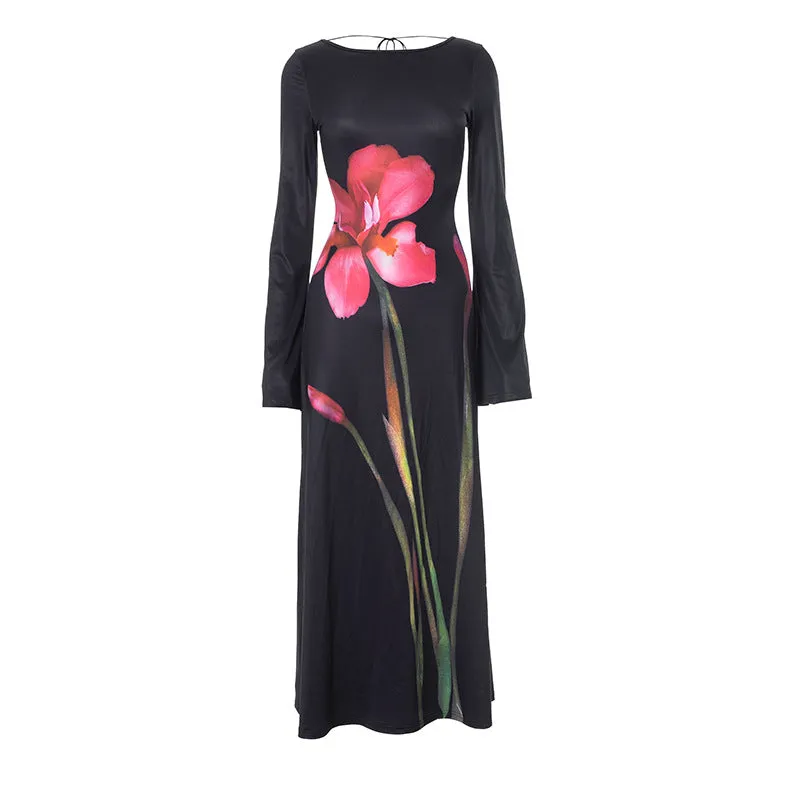 Elegant Round Neck Long Sleeve Back Cutout Print Dress