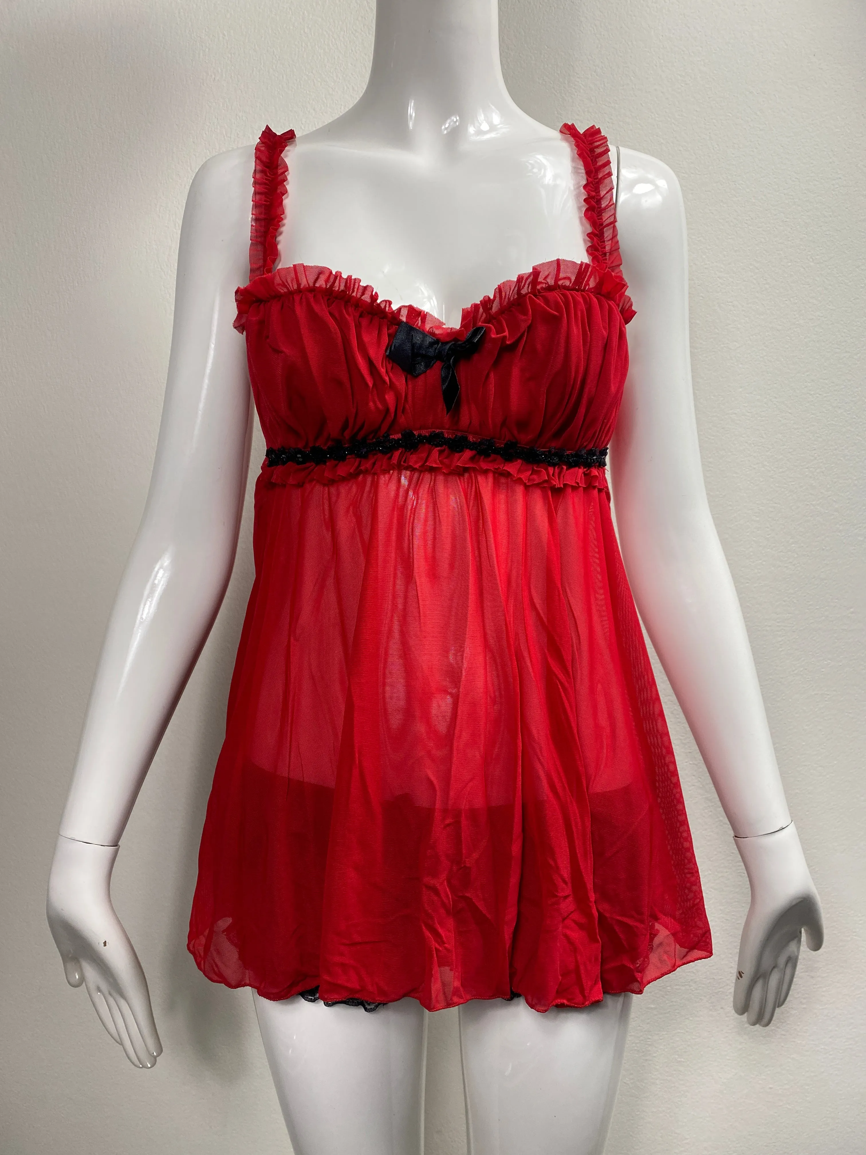 Frederick's Red Mesh Milkmaid Babydoll