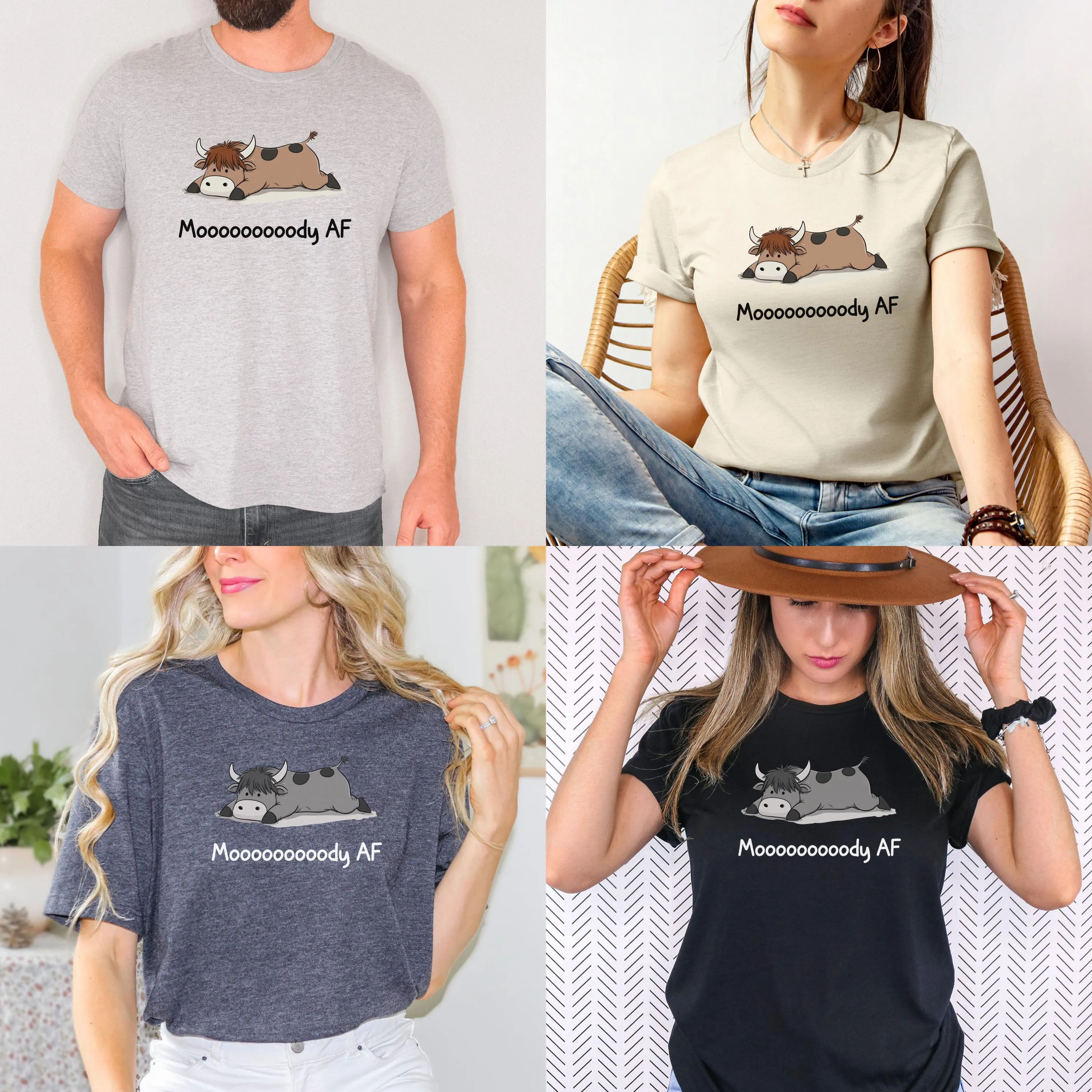 Funny Cow TShirt Moody AF Graphic Tee Cute Animal Lover Gift Her Him Punny Highland Cow Shirt Mental Health Awareness Gift Birthday Friend