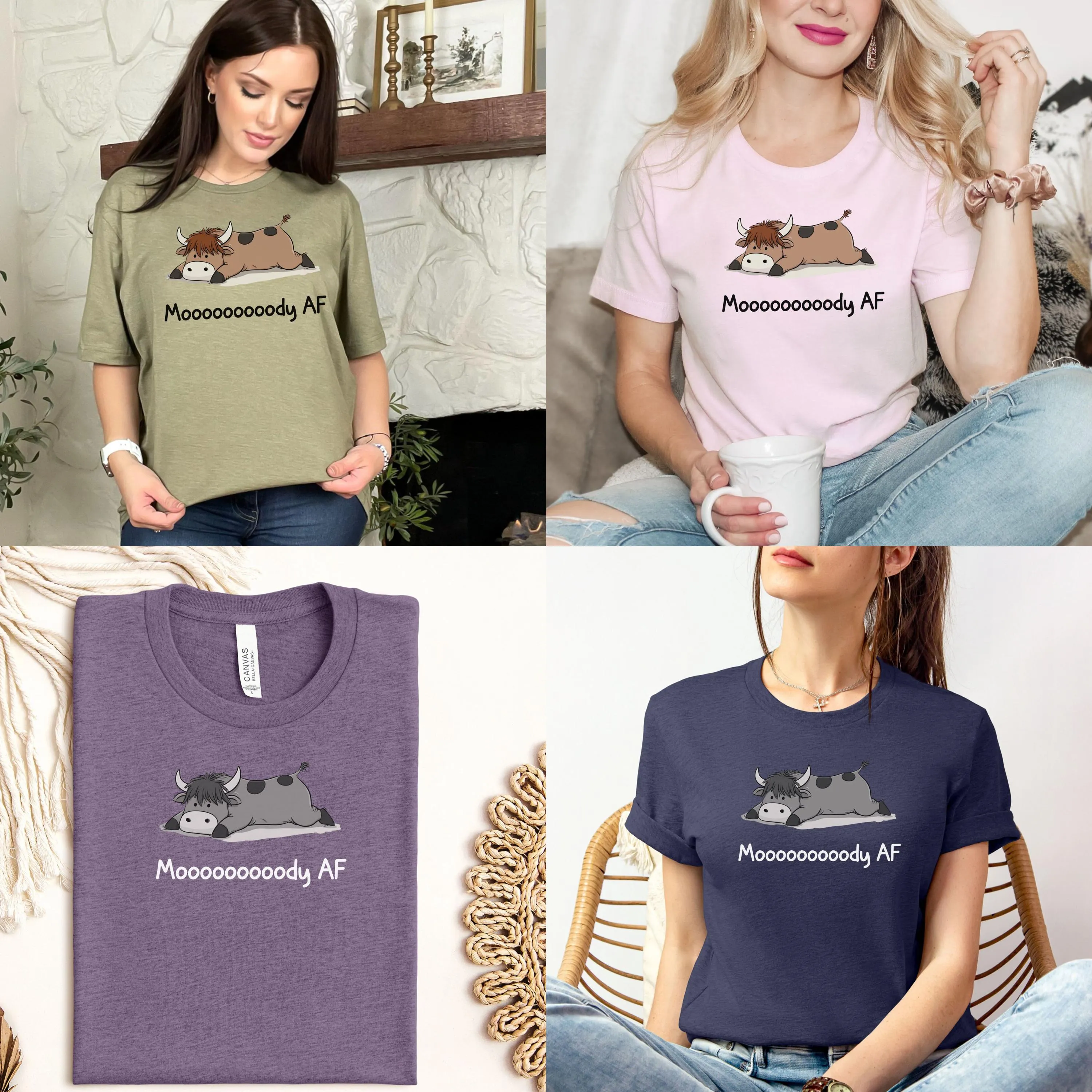 Funny Cow TShirt Moody AF Graphic Tee Cute Animal Lover Gift Her Him Punny Highland Cow Shirt Mental Health Awareness Gift Birthday Friend