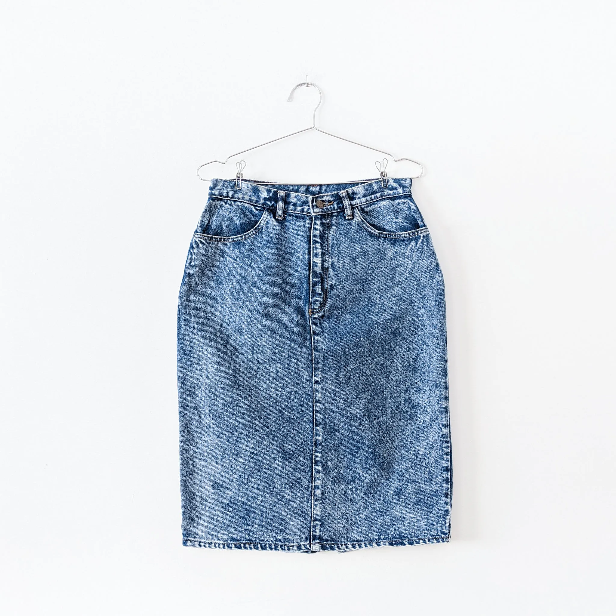 High-Rise Acid-Wash Blue Denim Pencil Skirt
