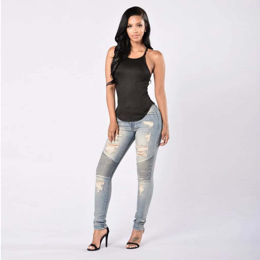 High Waist Draped Design Ripped Pencil Pants