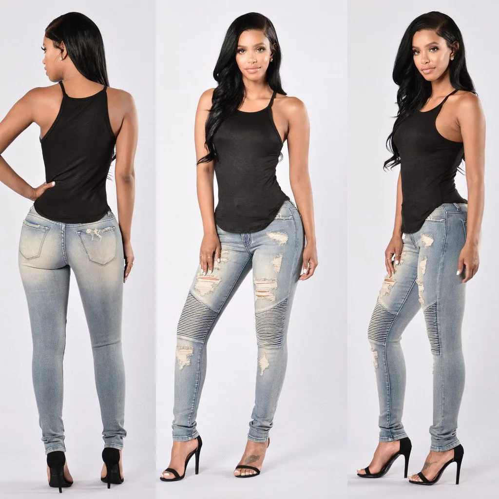 High Waist Draped Design Ripped Pencil Pants