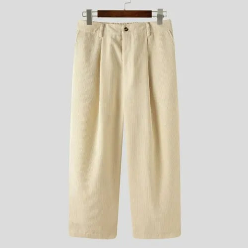 INCERUN Men Corduroy Pants Solid Color Button Joggers Casual Straight