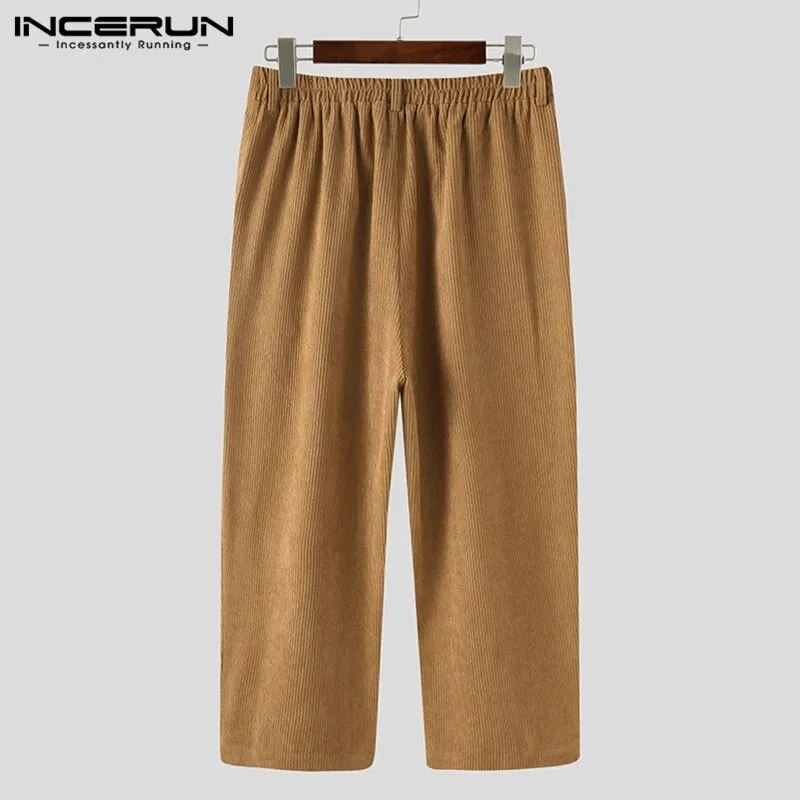 INCERUN Men Corduroy Pants Solid Color Button Joggers Casual Straight