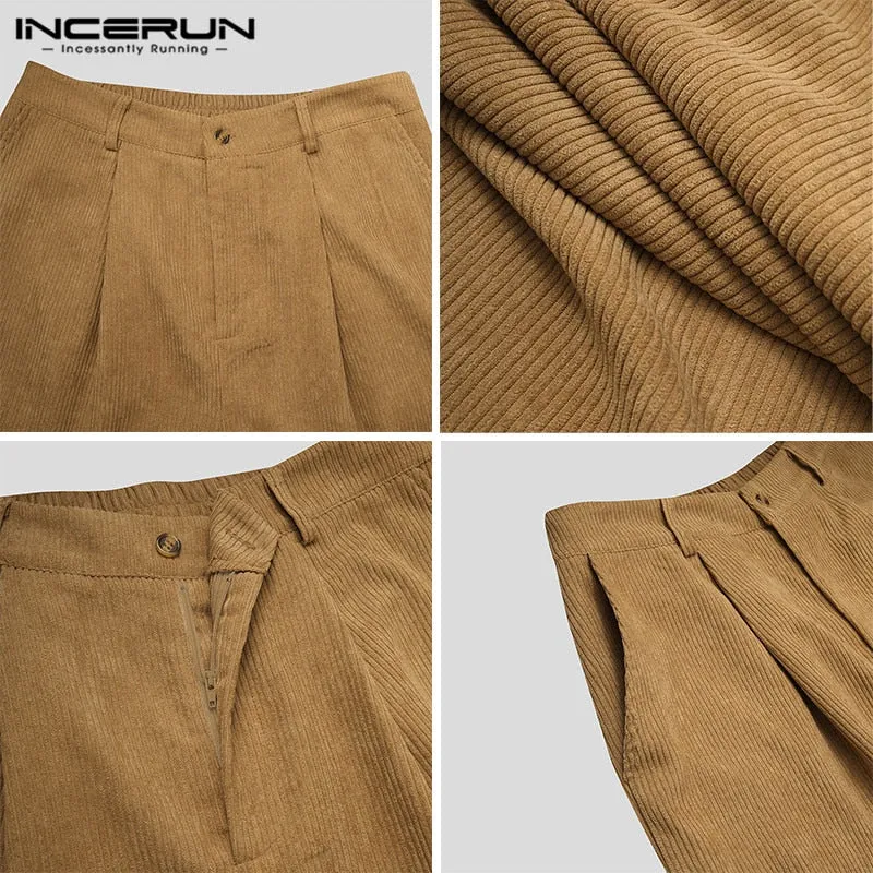 INCERUN Men Corduroy Pants Solid Color Button Joggers Casual Straight
