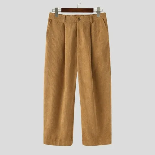INCERUN Men Corduroy Pants Solid Color Button Joggers Casual Straight