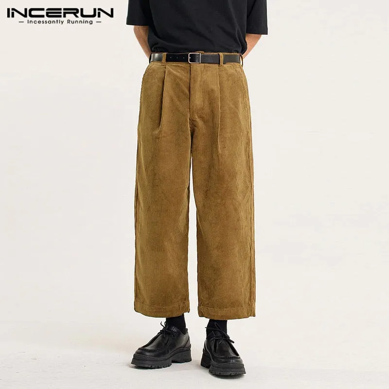 INCERUN Men Corduroy Pants Solid Color Button Joggers Casual Straight