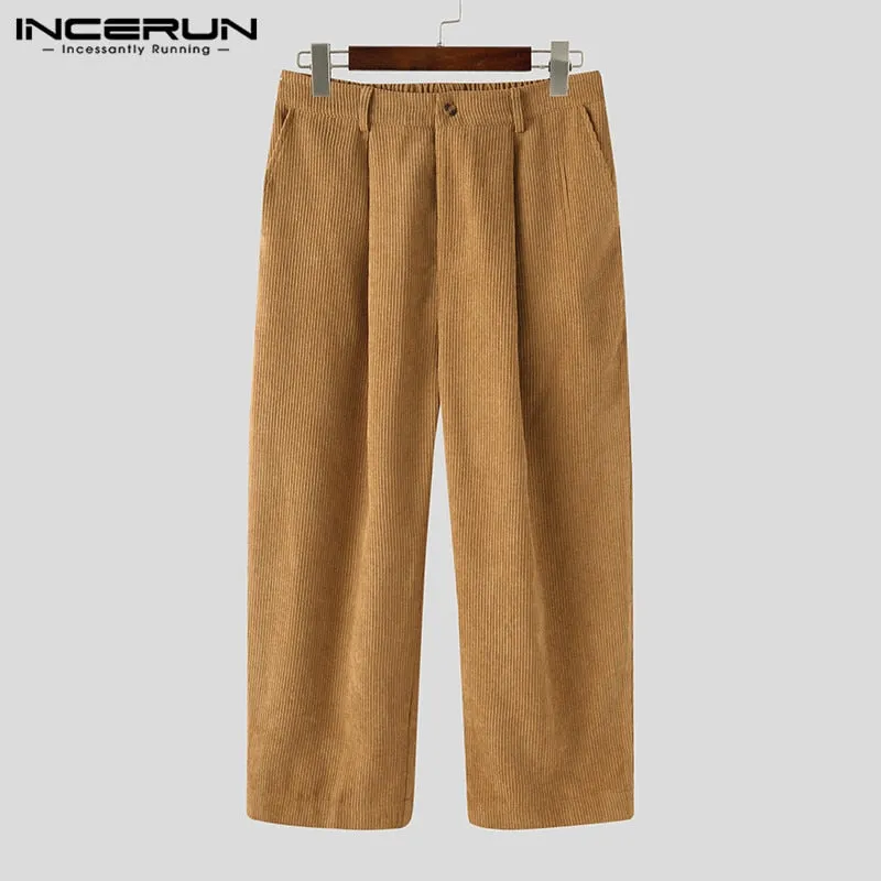 INCERUN Men Corduroy Pants Solid Color Button Joggers Casual Straight