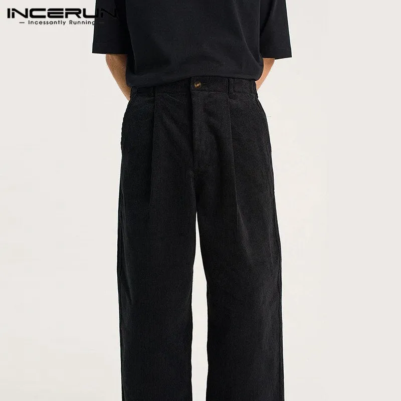 INCERUN Men Corduroy Pants Solid Color Button Joggers Casual Straight