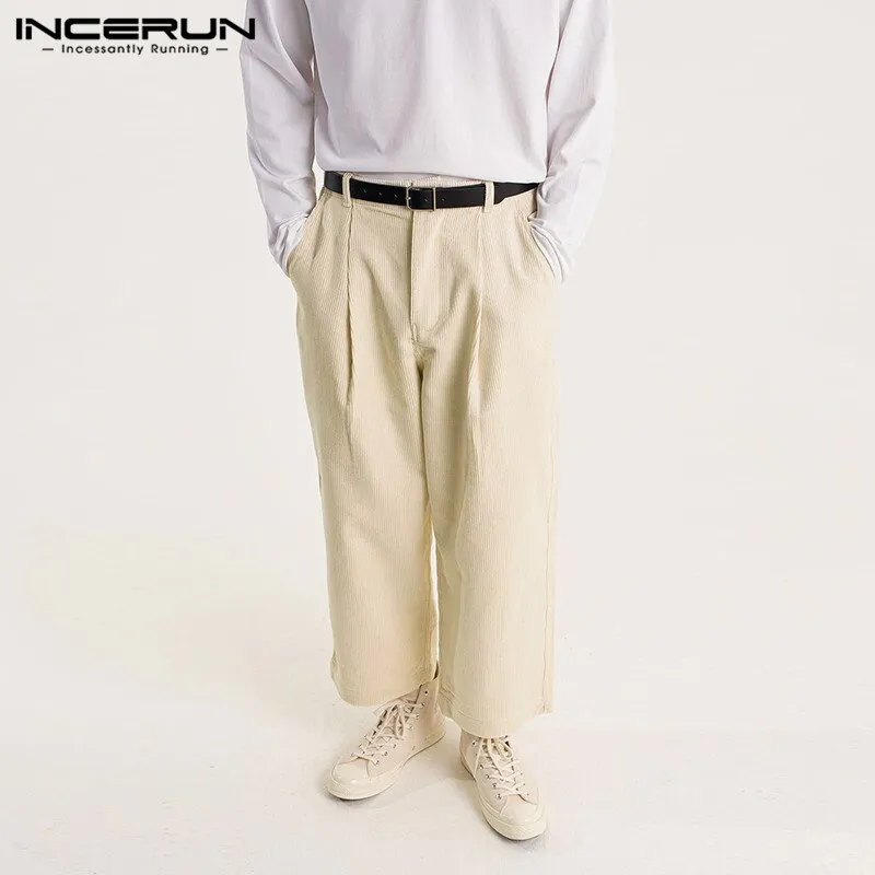 INCERUN Men Corduroy Pants Solid Color Button Joggers Casual Straight