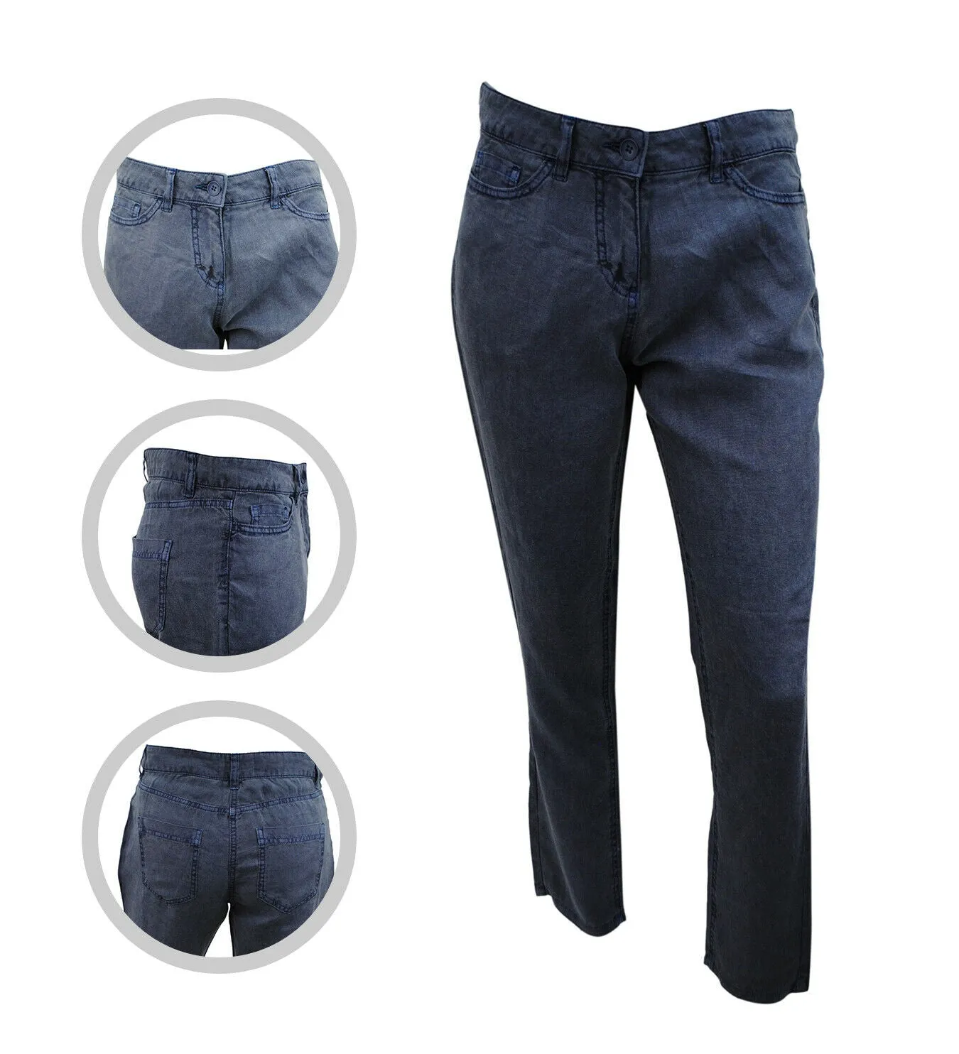 Ladies Faded Navy Wash Soft Linen High Rise Straight Leg Trousers