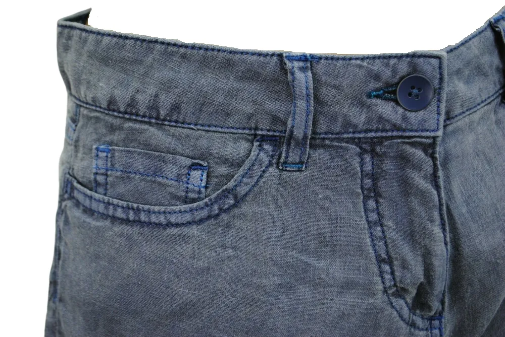 Ladies Faded Navy Wash Soft Linen High Rise Straight Leg Trousers