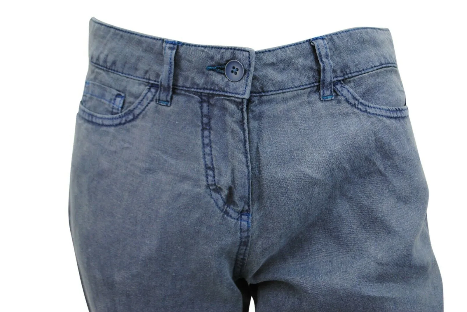 Ladies Faded Navy Wash Soft Linen High Rise Straight Leg Trousers