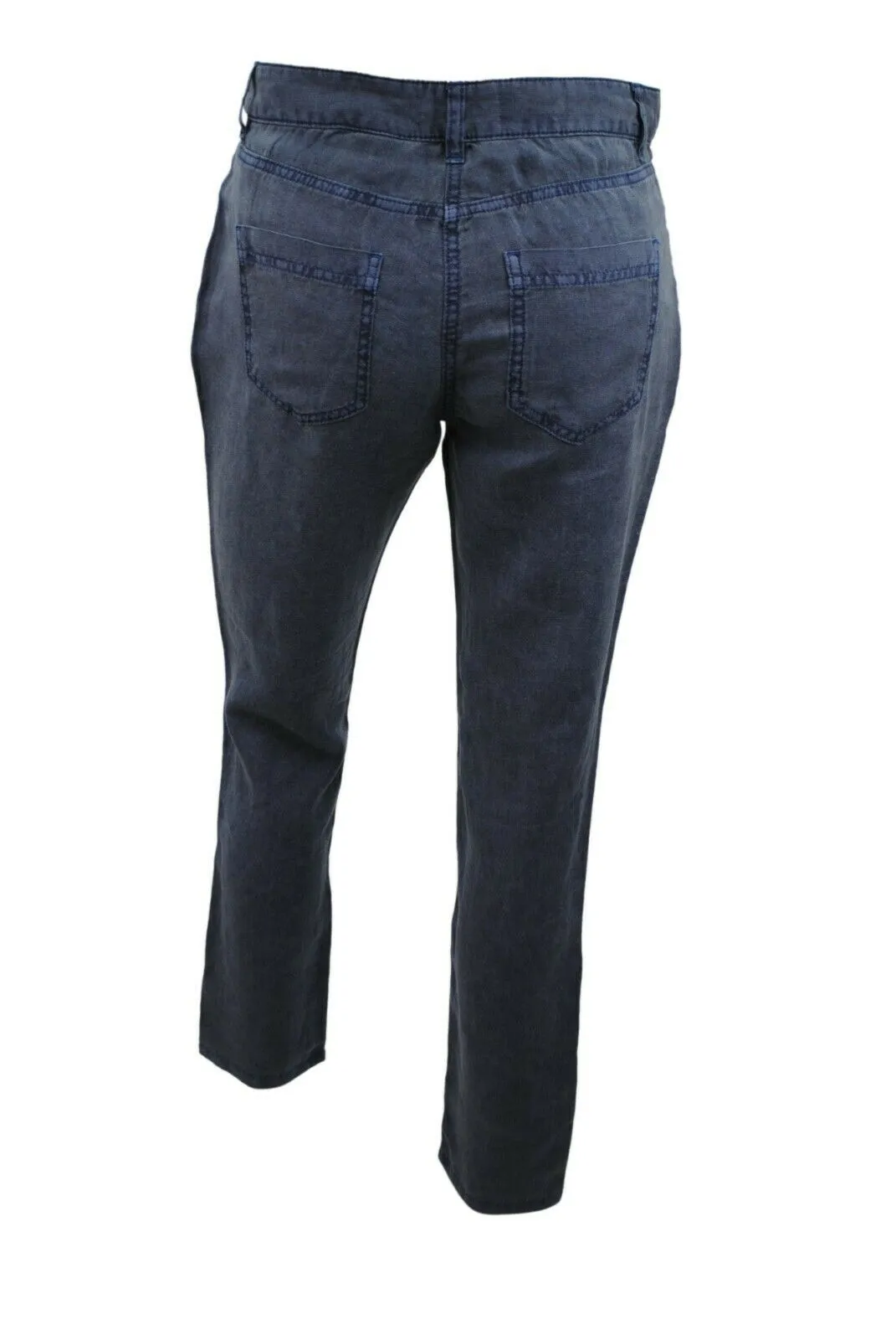 Ladies Faded Navy Wash Soft Linen High Rise Straight Leg Trousers