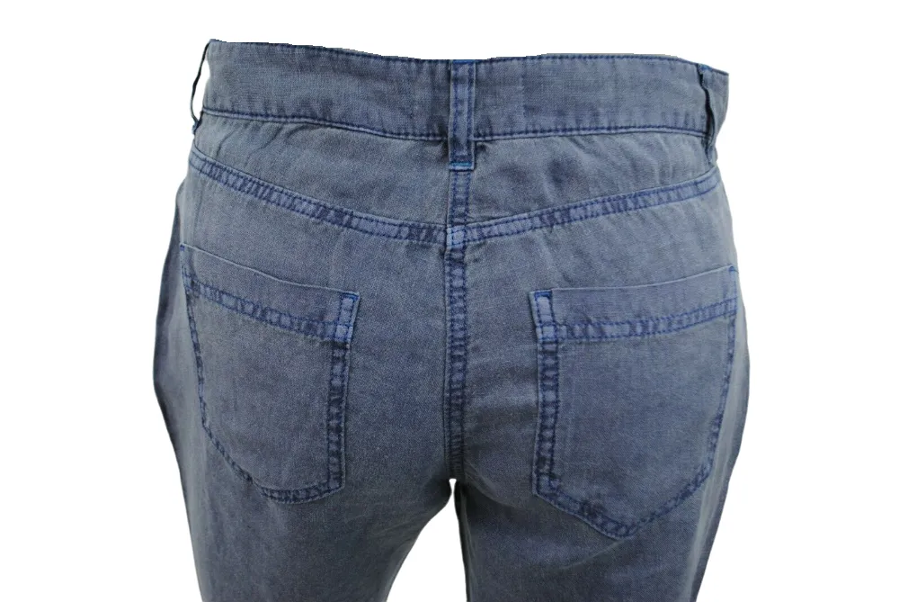 Ladies Faded Navy Wash Soft Linen High Rise Straight Leg Trousers
