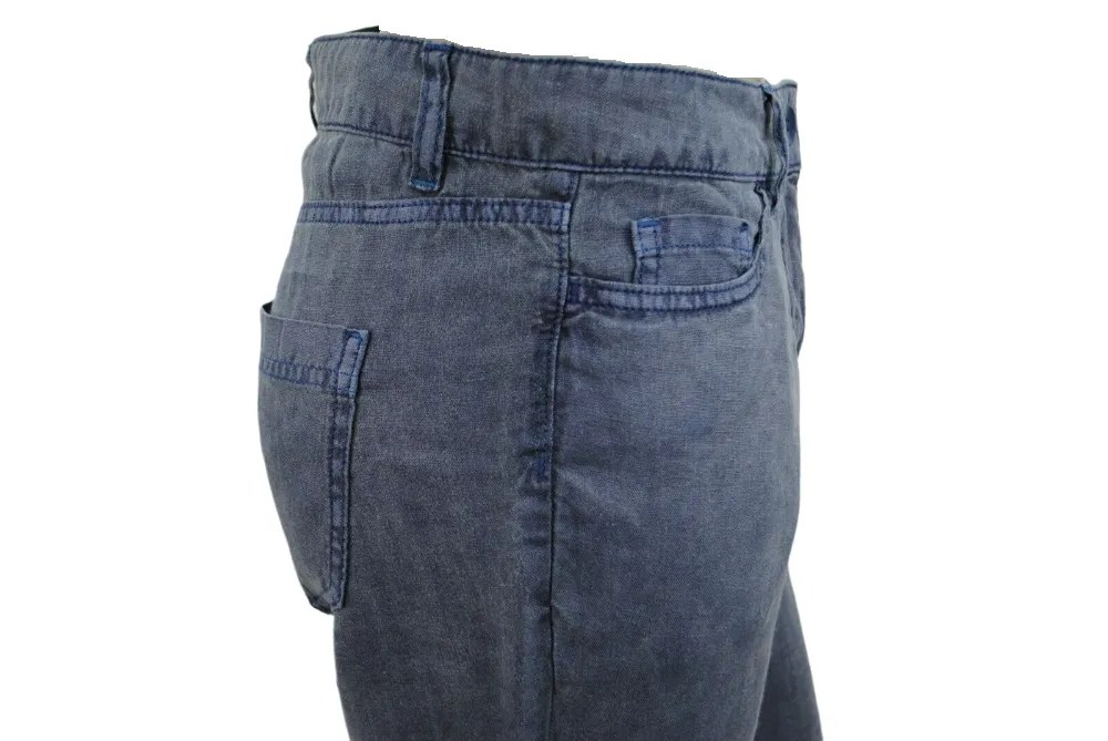 Ladies Faded Navy Wash Soft Linen High Rise Straight Leg Trousers