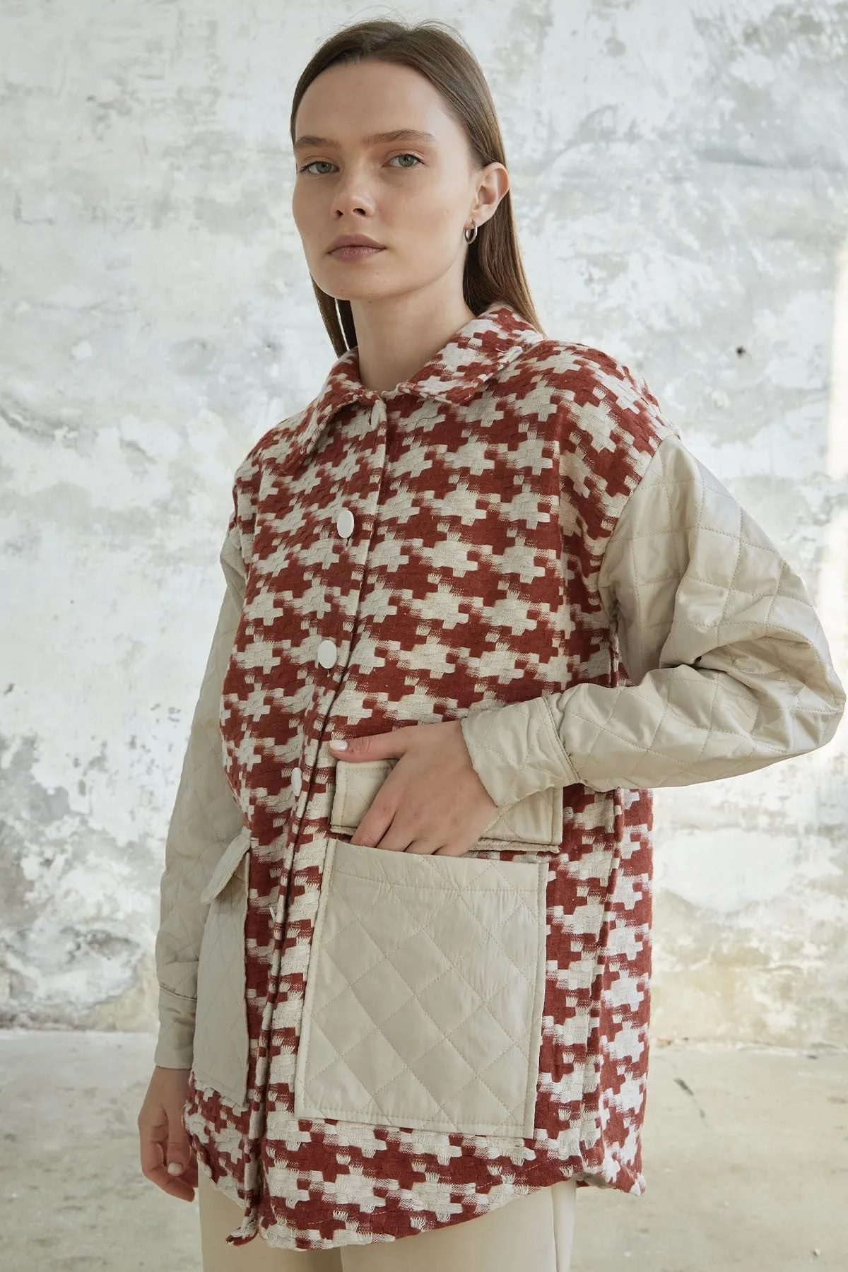 MDS Women Herringbone Pattern Quilted Jacket - Terracotta - Beaumont