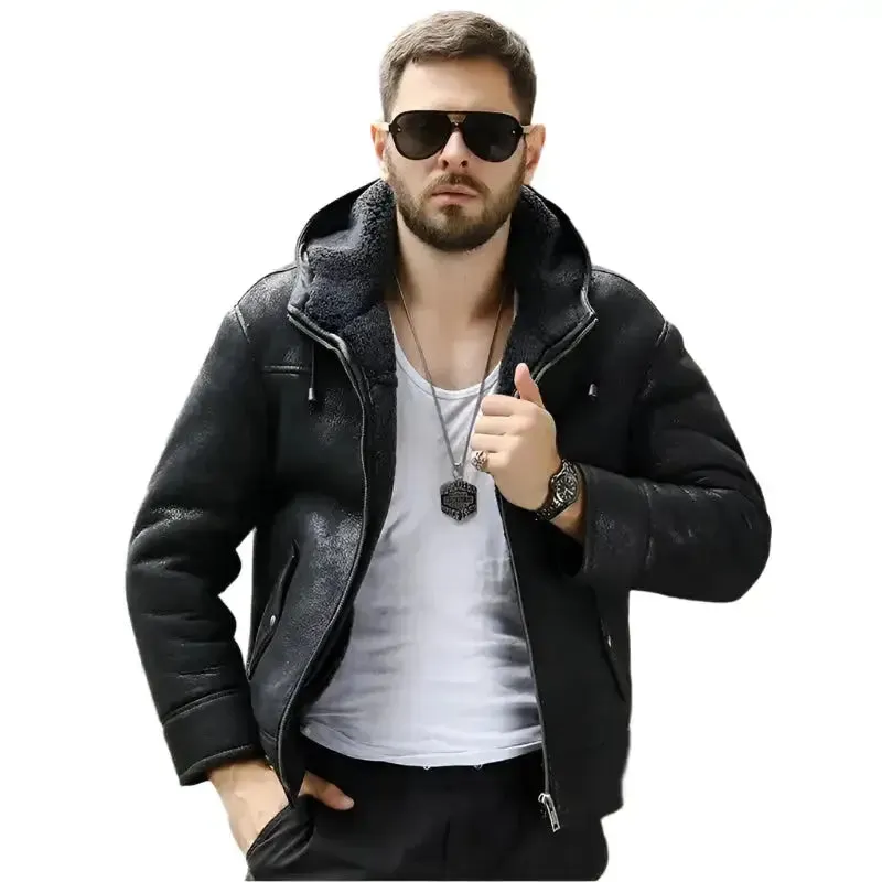 Men's Hooded Black B3 Shearling Winter Jacket – Warm & Stylish