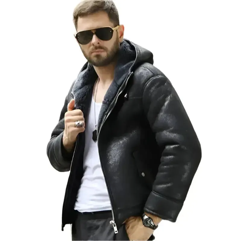 Men's Hooded Black B3 Shearling Winter Jacket – Warm & Stylish