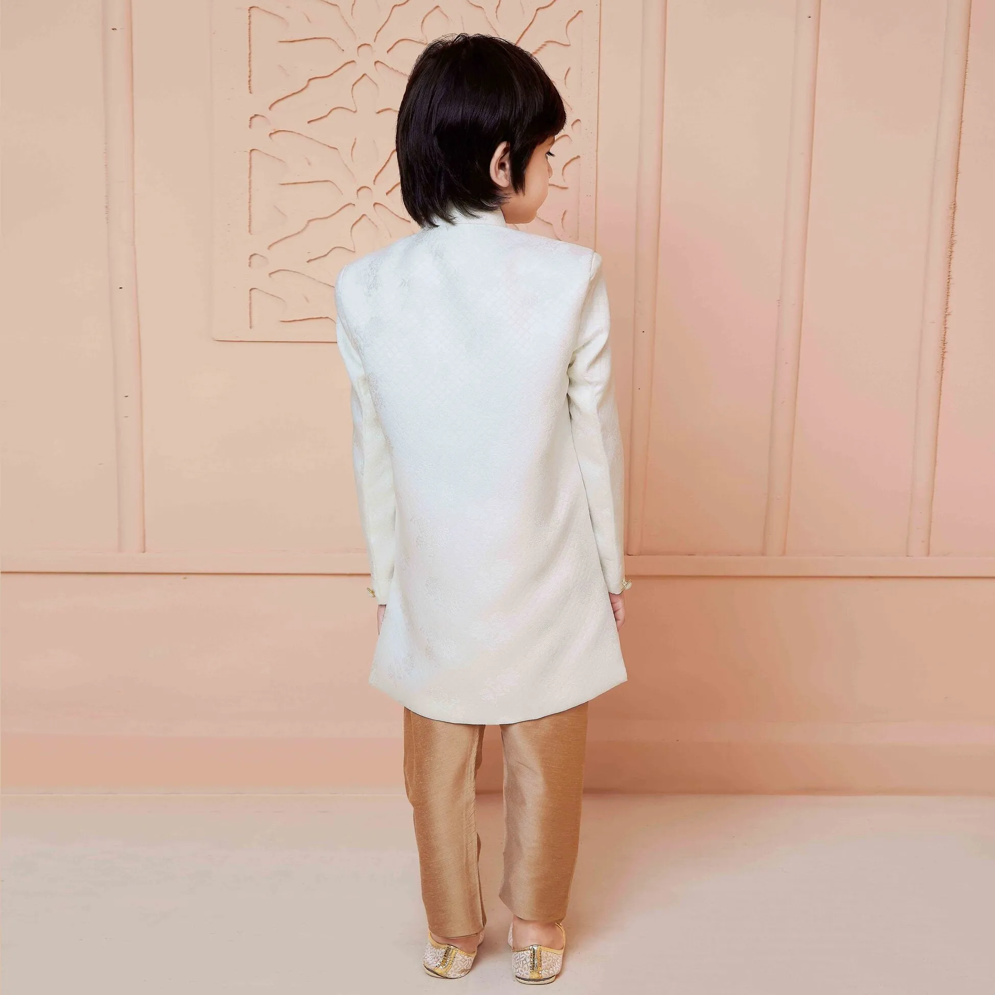 Ministitch Indo western cream jacquard jacket with brown lucknowi pant