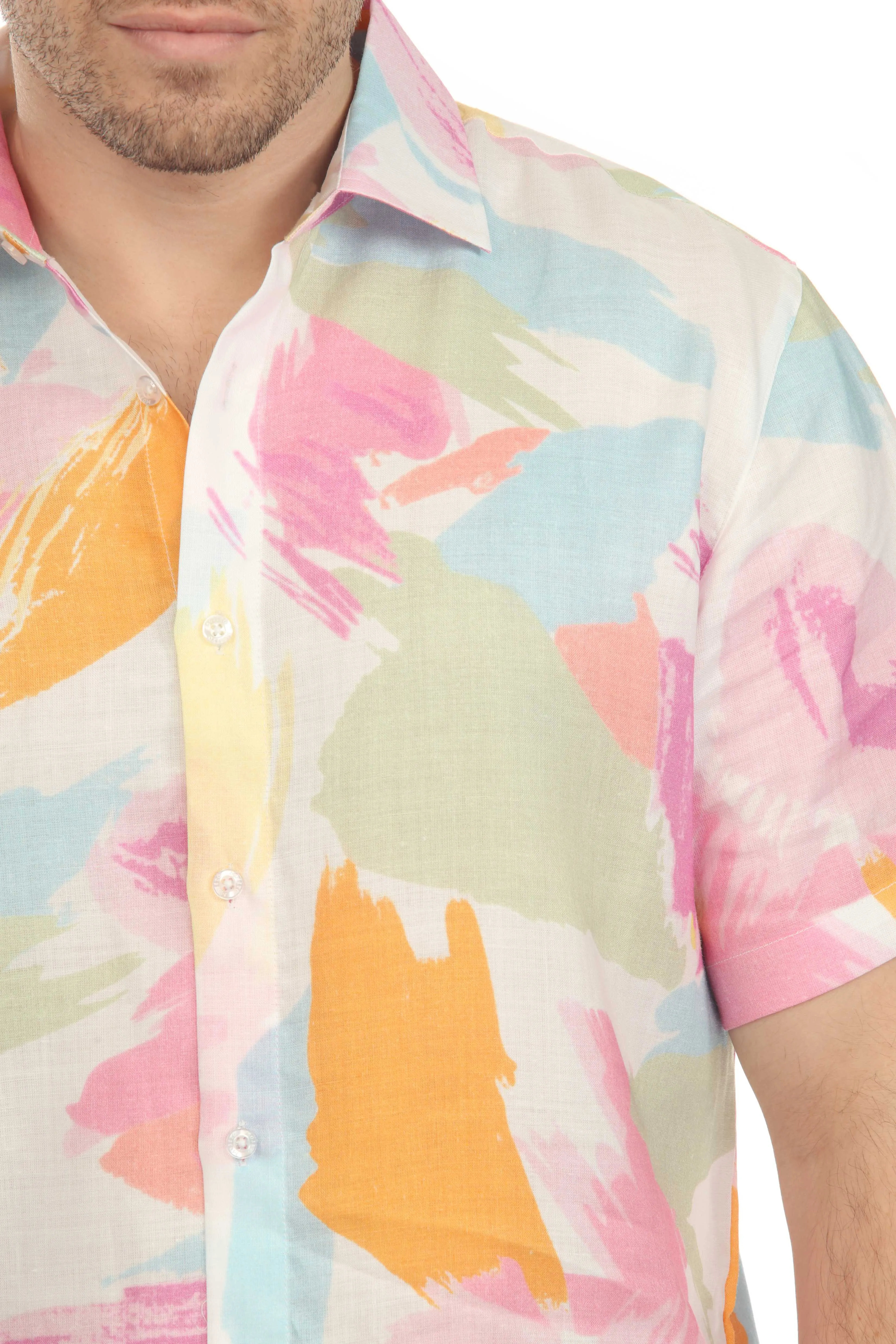 Mojito Men's Casual Printed Linen Resort Shirt Short Sleeve Button Down